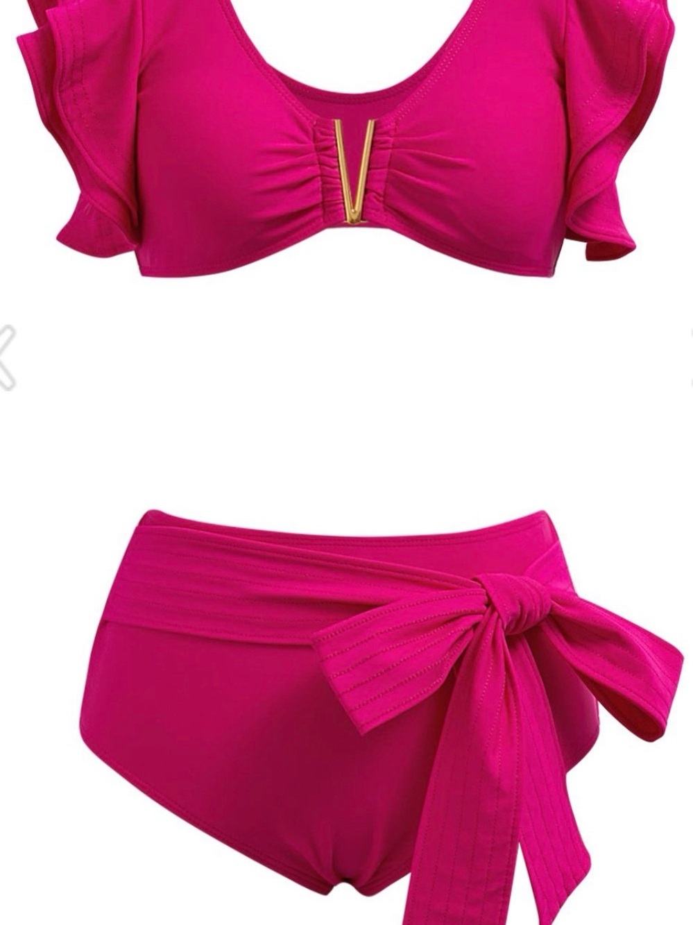 Fuchsia Ruffled High-Waist Bikini Set with Gold Accent